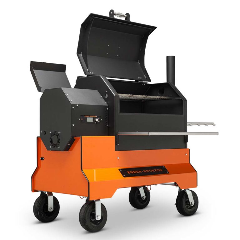 Yoder Smokers YS640S Competition Pellet Grill With Stainless Steel Shelves - Orange Cart